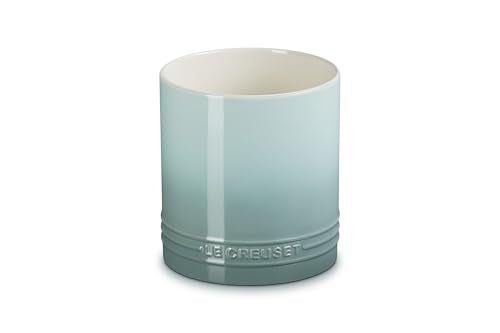 Le Creuset utensil crock on counter in Sea Salt glaze adds color and accessibility.
