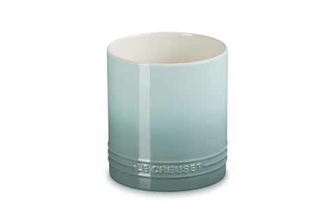 Le Creuset utensil crock on counter in Sea Salt glaze adds color and accessibility.