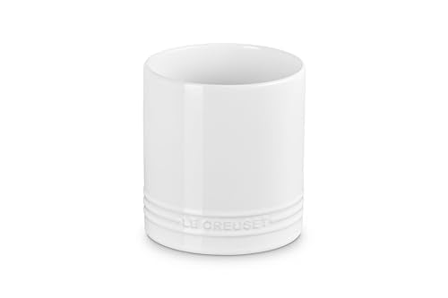 Le Creuset utensil crock white glaze closeup showcases durable stoneware and nonporous glaze.