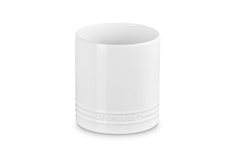 Le Creuset utensil crock white glaze closeup showcases durable stoneware and nonporous glaze.