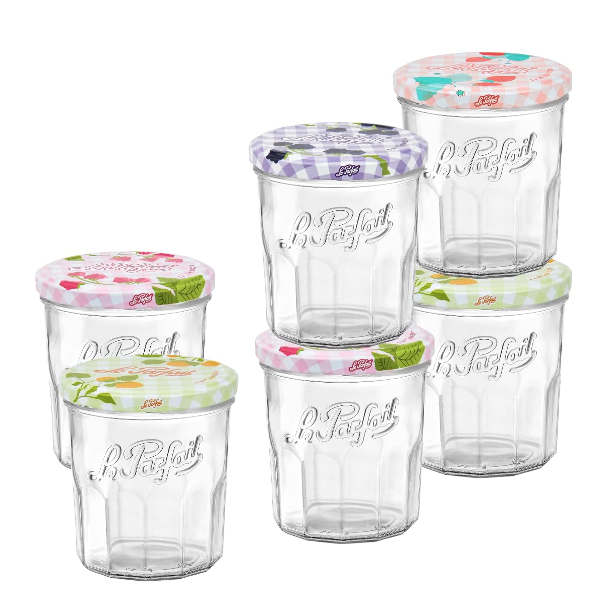 Le Parfait clear 11oz jam jar with colorful lids for fresh preserves