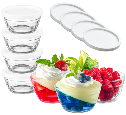Le'raze 16pc glass bowls with lids on counter for airtight meal prep and easy leftovers.