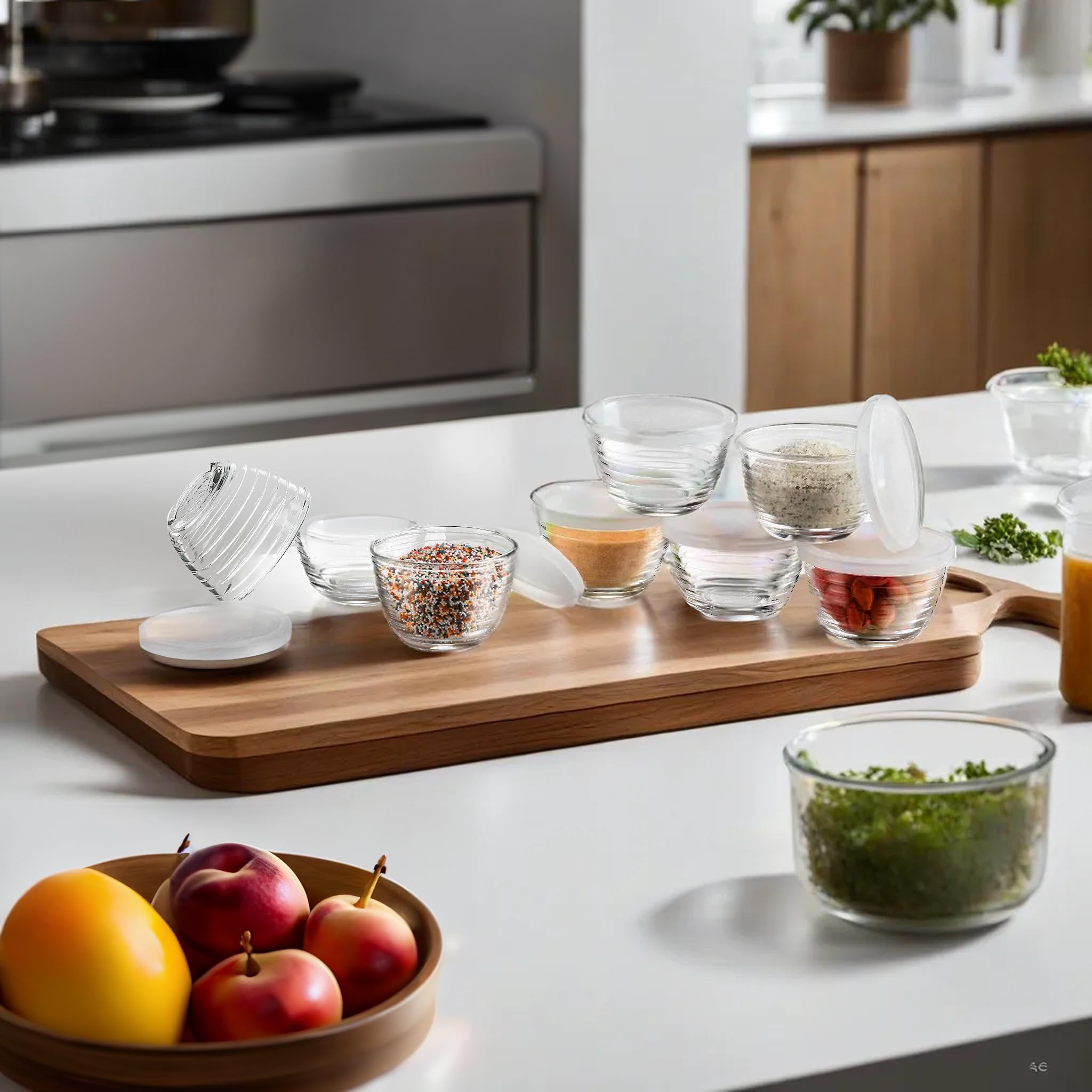 Le'raze kitchen organization solution with clear bowls stacking neatly in cabinets.