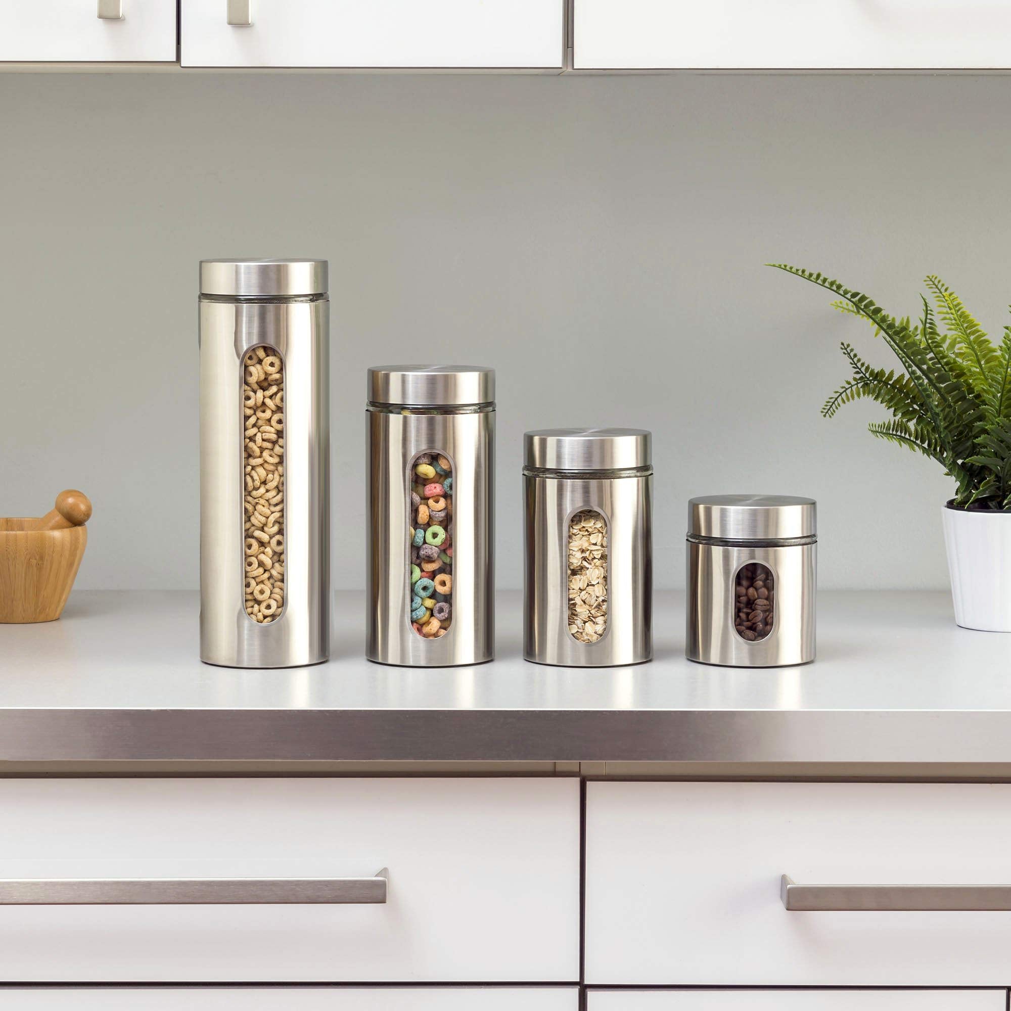 Le'raze pasta and rice canister in stainless steel with glass window for dry goods