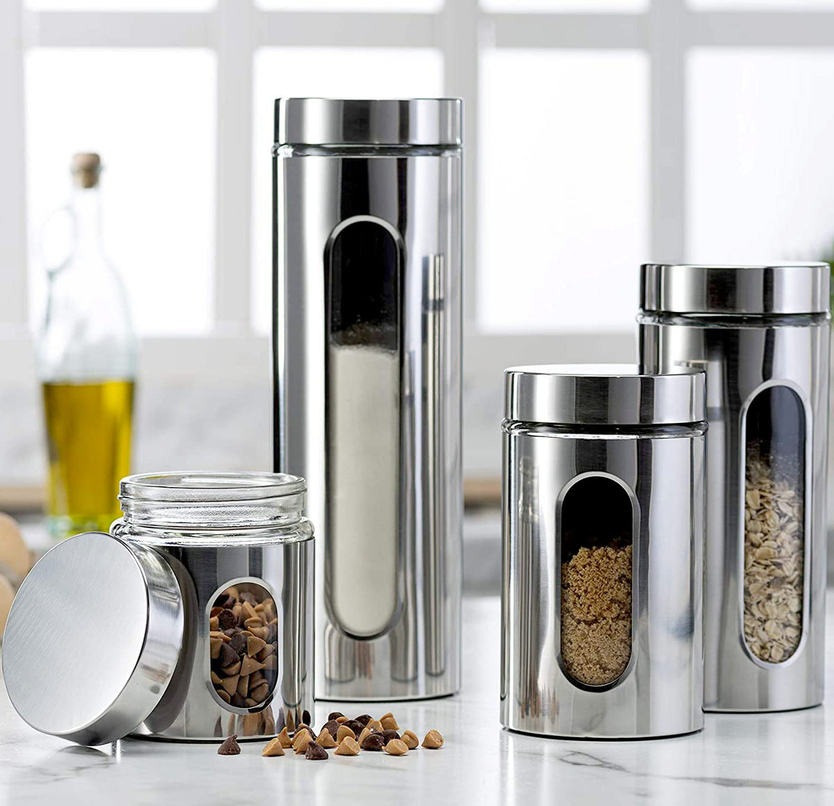 Le'raze 4pc canister set with glass window shows contents while preserving freshness on the counter