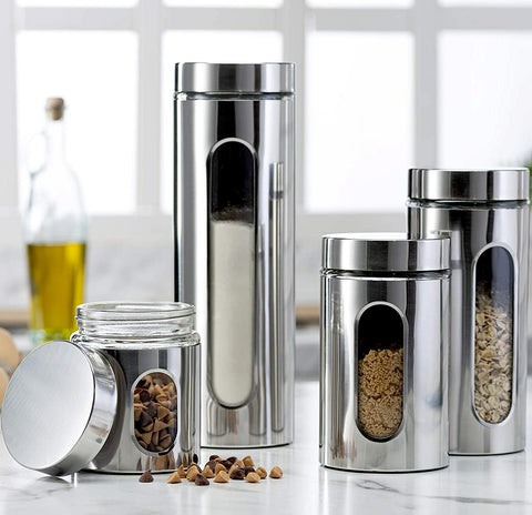 Le'raze 4pc canister set with glass window shows contents while preserving freshness on the counter