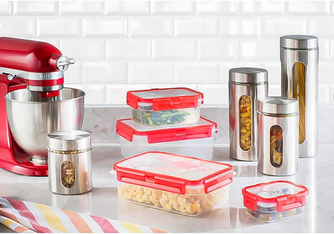 Le'raze sugar and nuts canister visible through glass, plus airtight seal