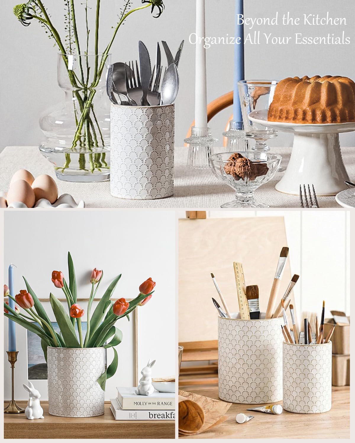 LE TAUCI Arctic White glaze finish on ceramic organizer.