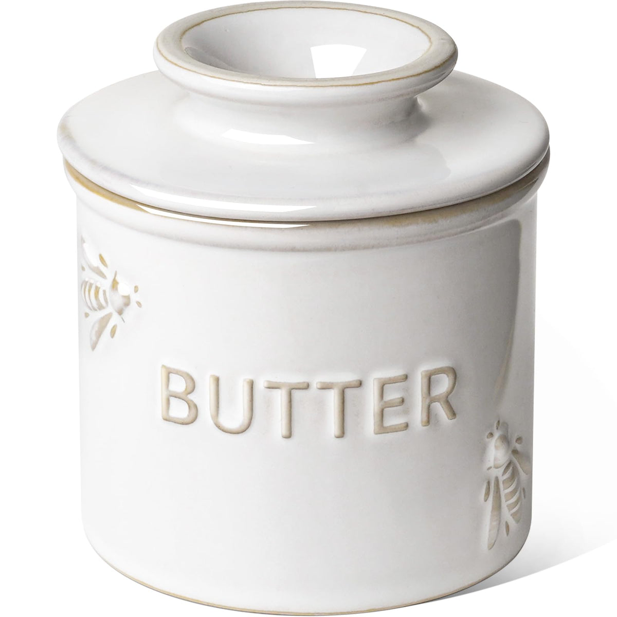 LE TAUCI butter crock with Arctic White glaze keeps butter soft on the counter.