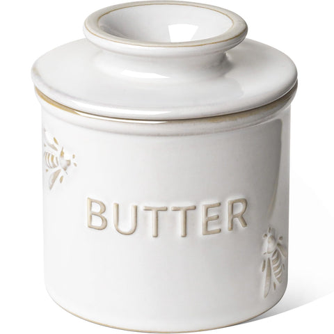 LE TAUCI butter crock with Arctic White glaze keeps butter soft on the counter.