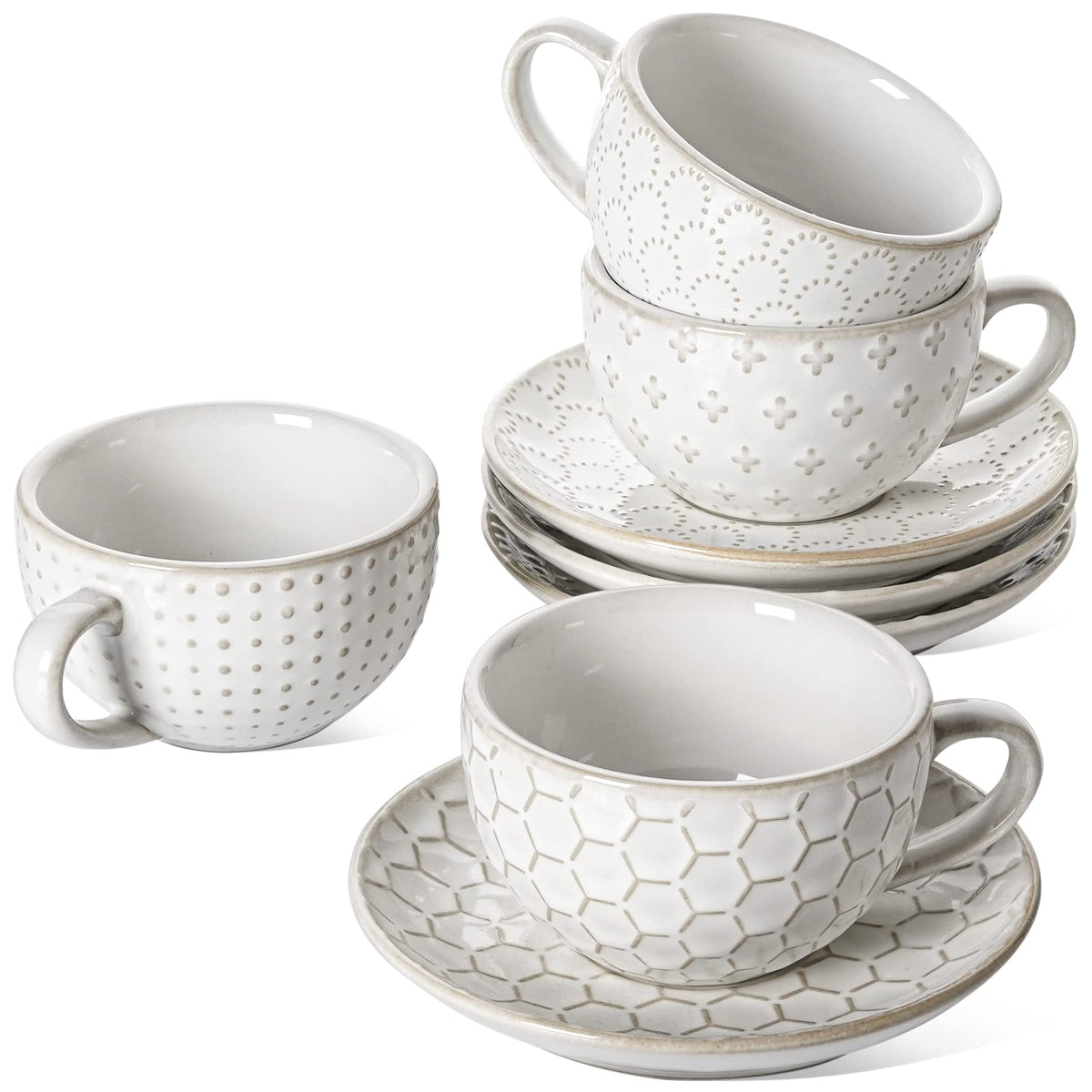 LE TAUCI embossed white cappuccino cups with saucers for elegant mornings.