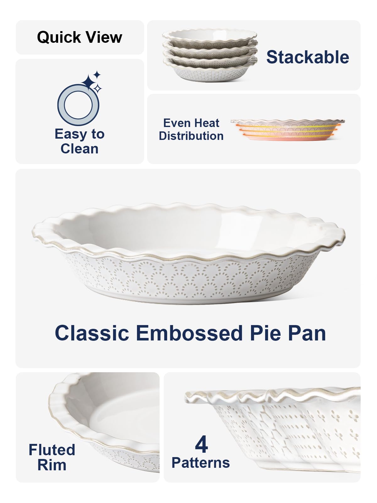 LE TAUCI ceramic pie pan with embossed pattern enhances presentation.