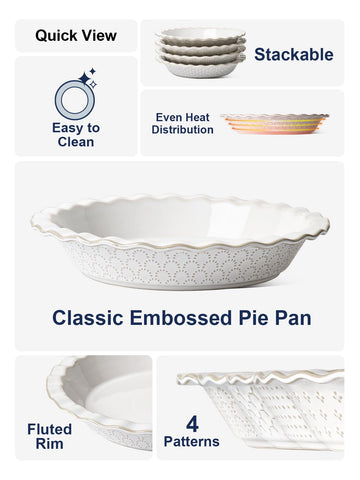 LE TAUCI ceramic pie pan with embossed pattern enhances presentation.