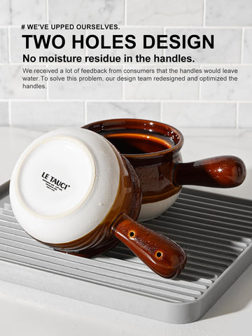 LE TAUCI ceramic bowls with two-hole handles improve safety and draining after washing.