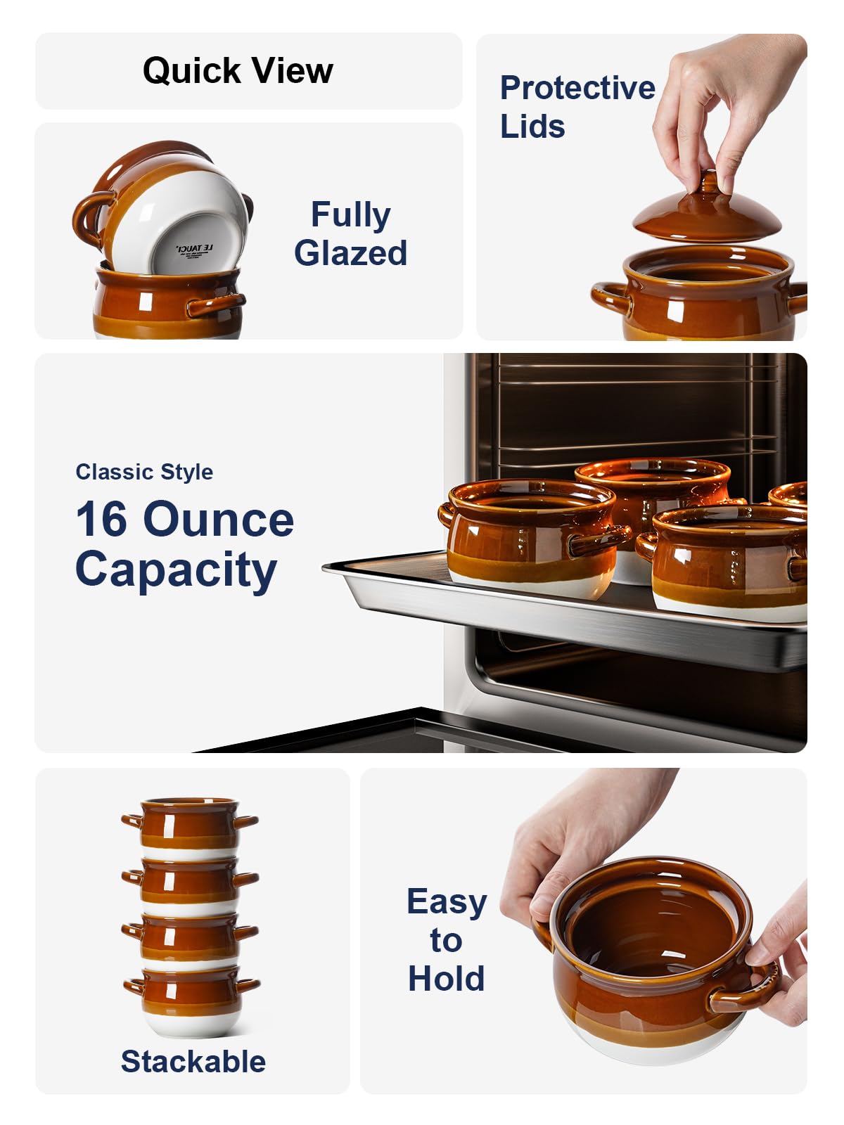 LE TAUCI ceramic soup crock with double handles for safe grip.