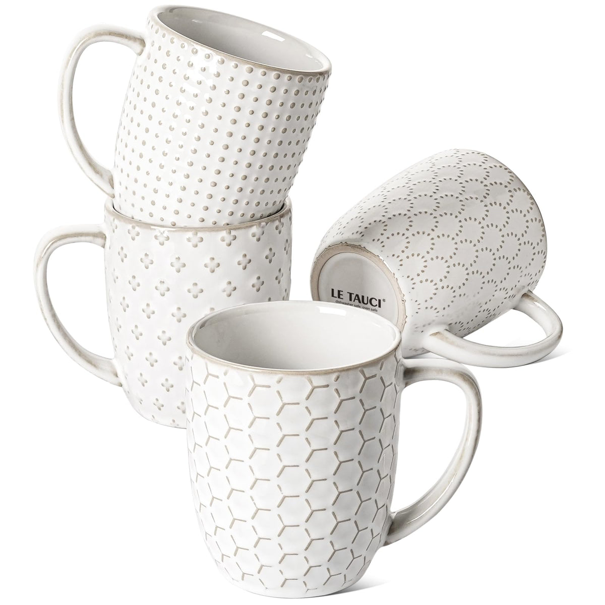 LE TAUCI embossed mug, front view, adds tactile charm to your coffee ritual.