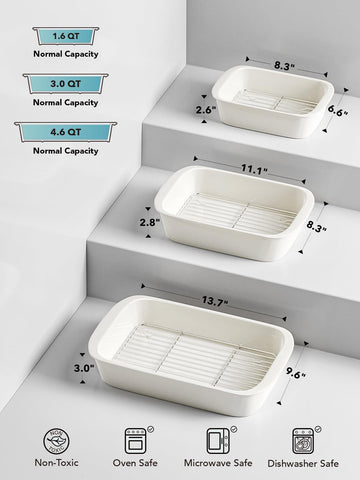 LE TAUCI oven-safe up to 500°F, plus microwave, freezer, and dishwasher compatibility.