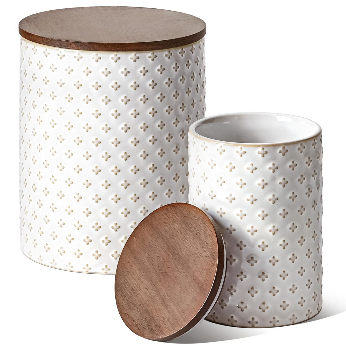 LE TAUCI embossed jar with arctic white glaze for stylish pantry storage.