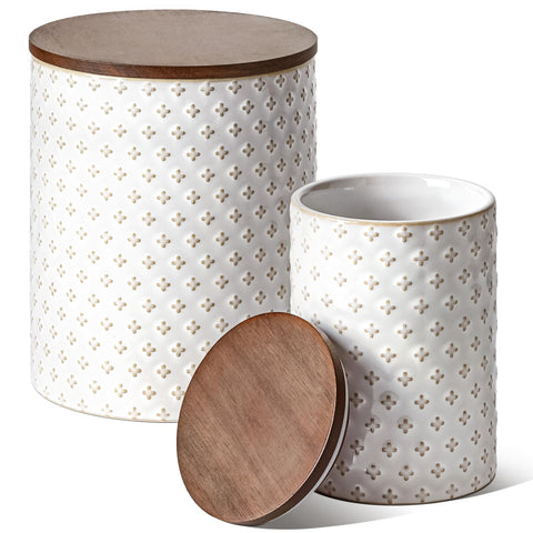 LE TAUCI embossed jar with arctic white glaze for stylish pantry storage.