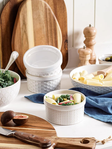 LE TAUCI embossed white ramekins add farmhouse charm to meals.