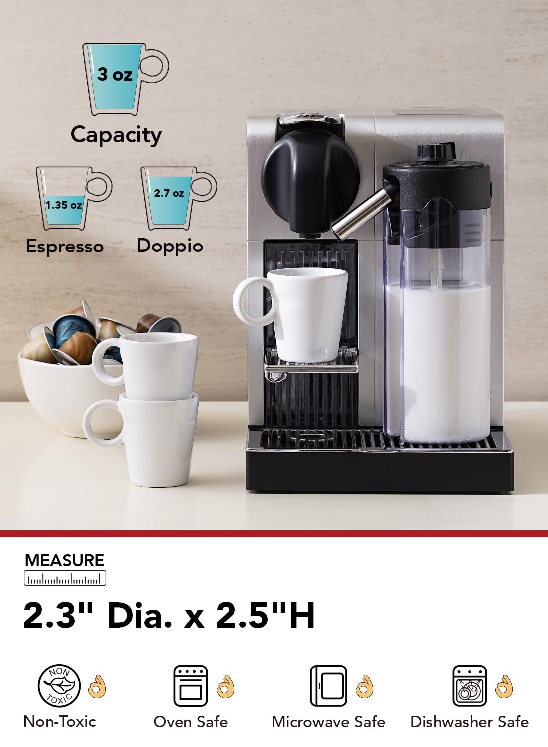 LE TAUCI stackable-design espresso cups ideal for saving cabinet space.