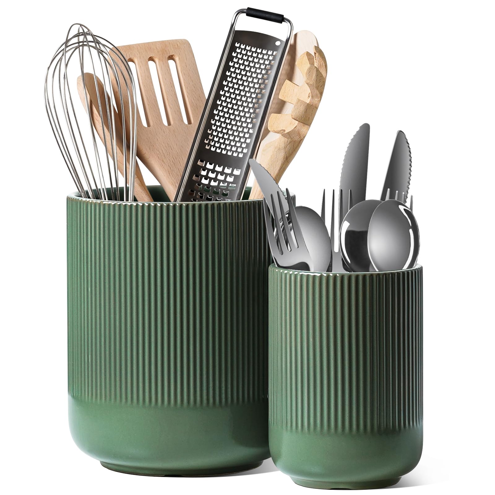 LE TAUCI large forest green utensil holder keeping spatulas within easy reach on a busy counter
