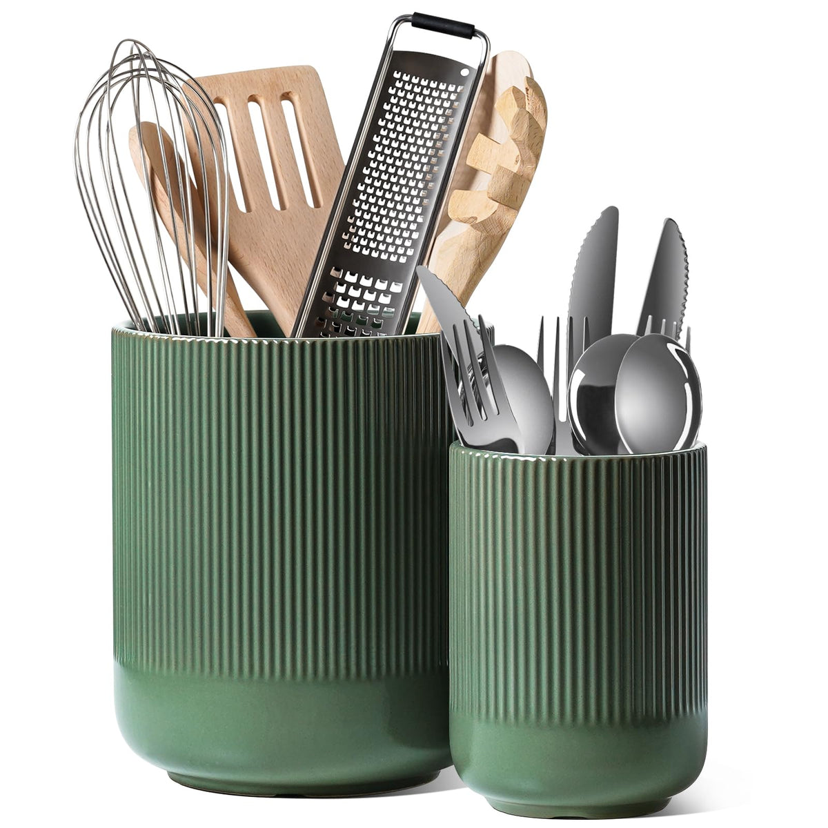 LE TAUCI large forest green utensil holder keeping spatulas within easy reach on a busy counter