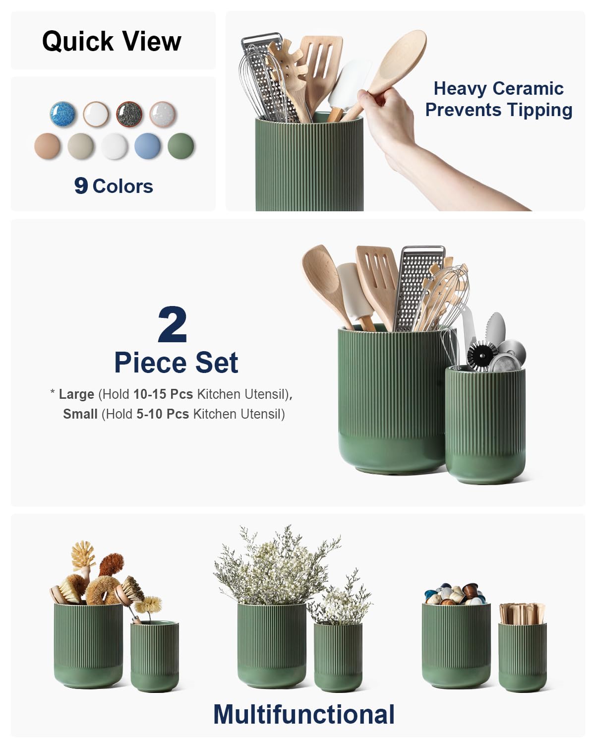 LE TAUCI small forest green utensil holder fits compact spaces for tidy daily tools