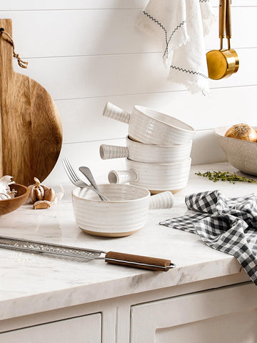 LE TAUCI French Onion Soup Bowls stackable two-high storage design.