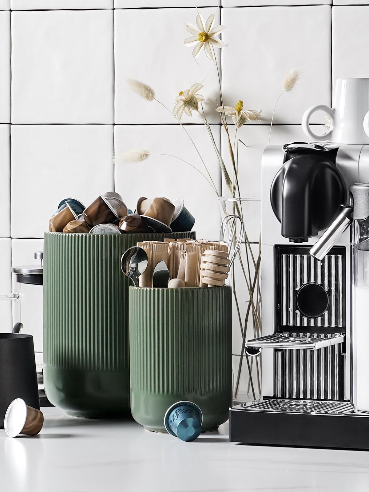 LE TAUCI multipurpose utensil organizer doubles as a vase for a chic kitchen vignette