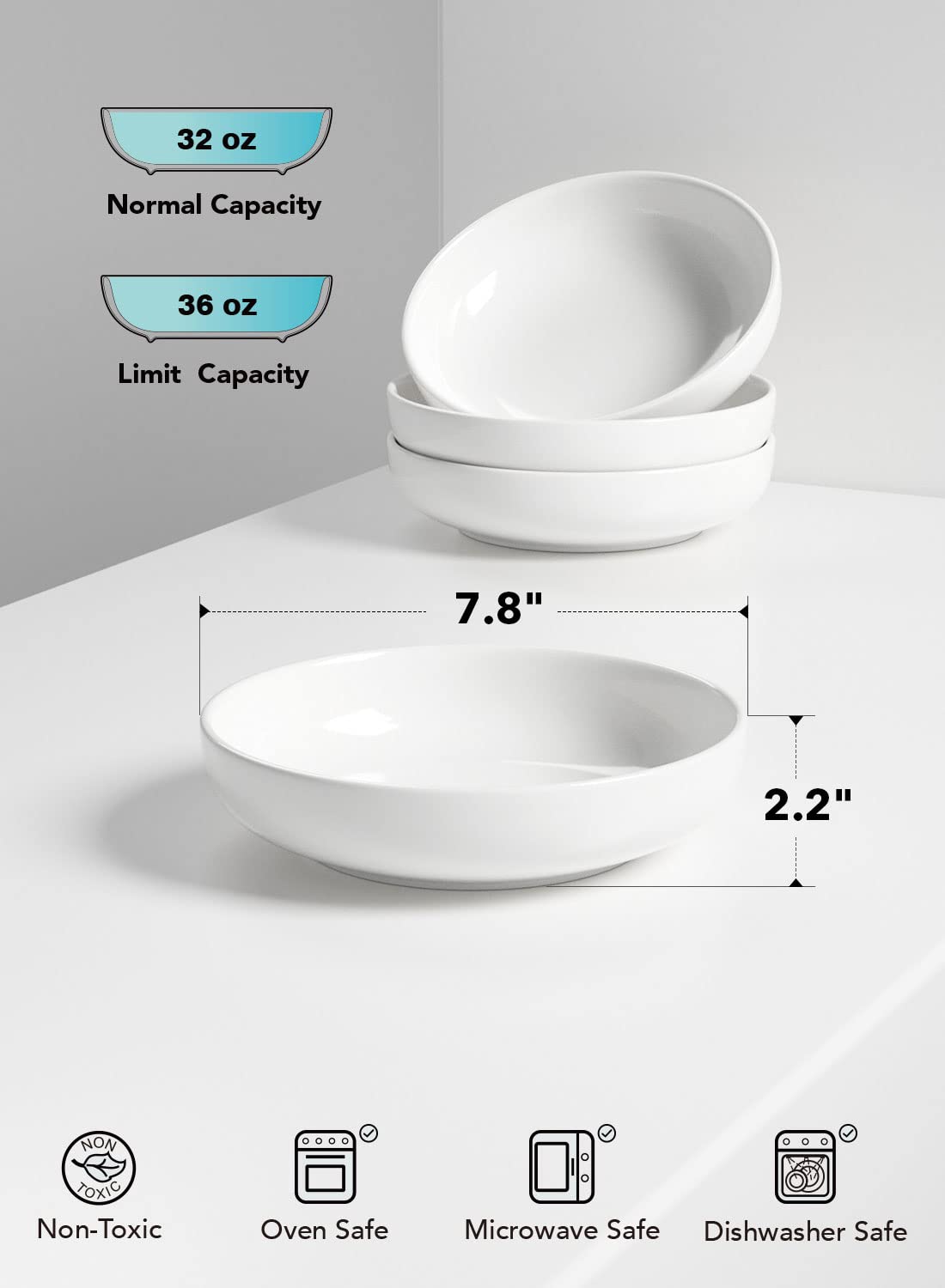 LE TAUCI white glossy 7.8-inch bowls clean, modern tableware update.