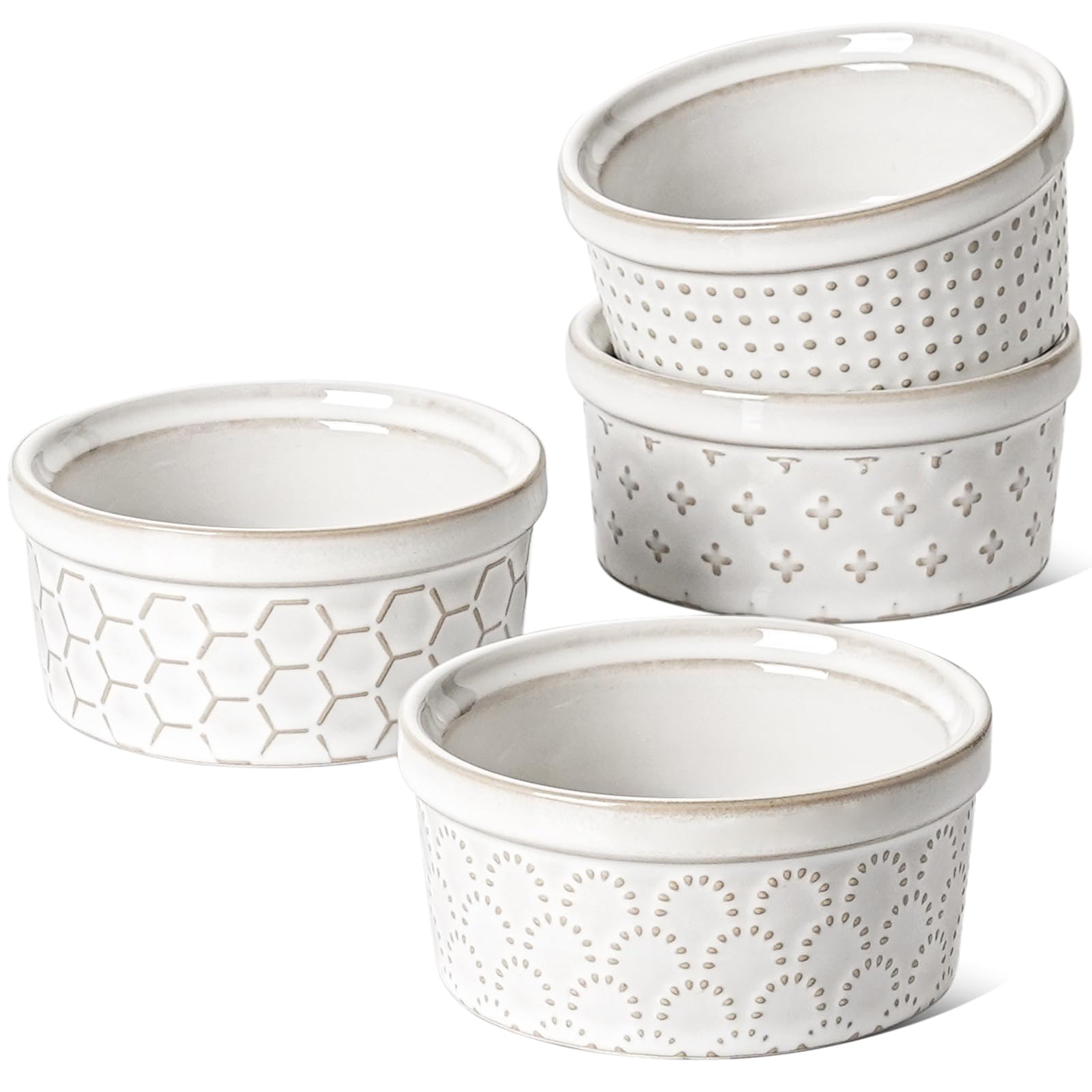 LE TAUCI 4oz ramekins with embossed pattern for elegant creme brulee presentation.