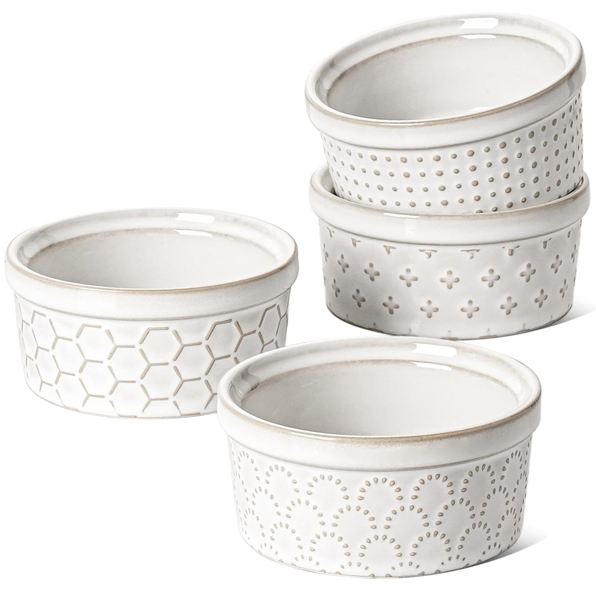 LE TAUCI 4oz ramekins with embossed pattern for elegant creme brulee presentation.