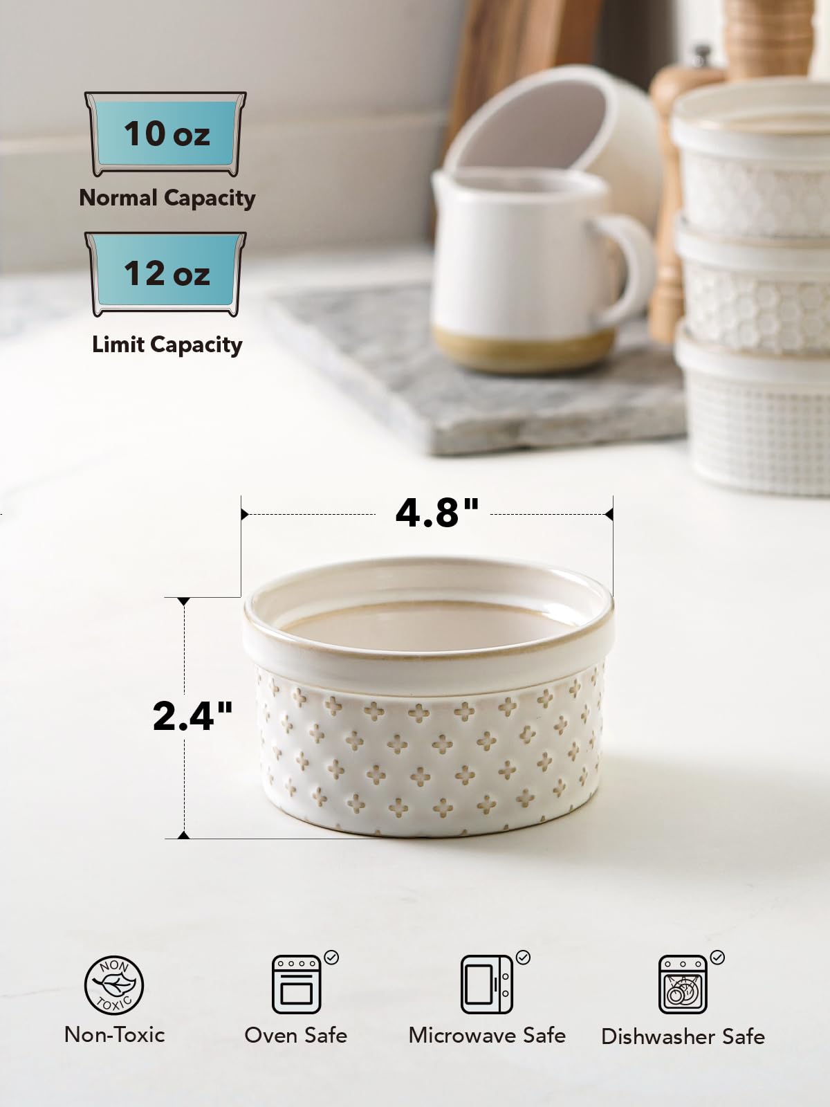 LE TAUCI ramekins highlight easy cleanup with non-porous glaze and dishwasher-safe design.