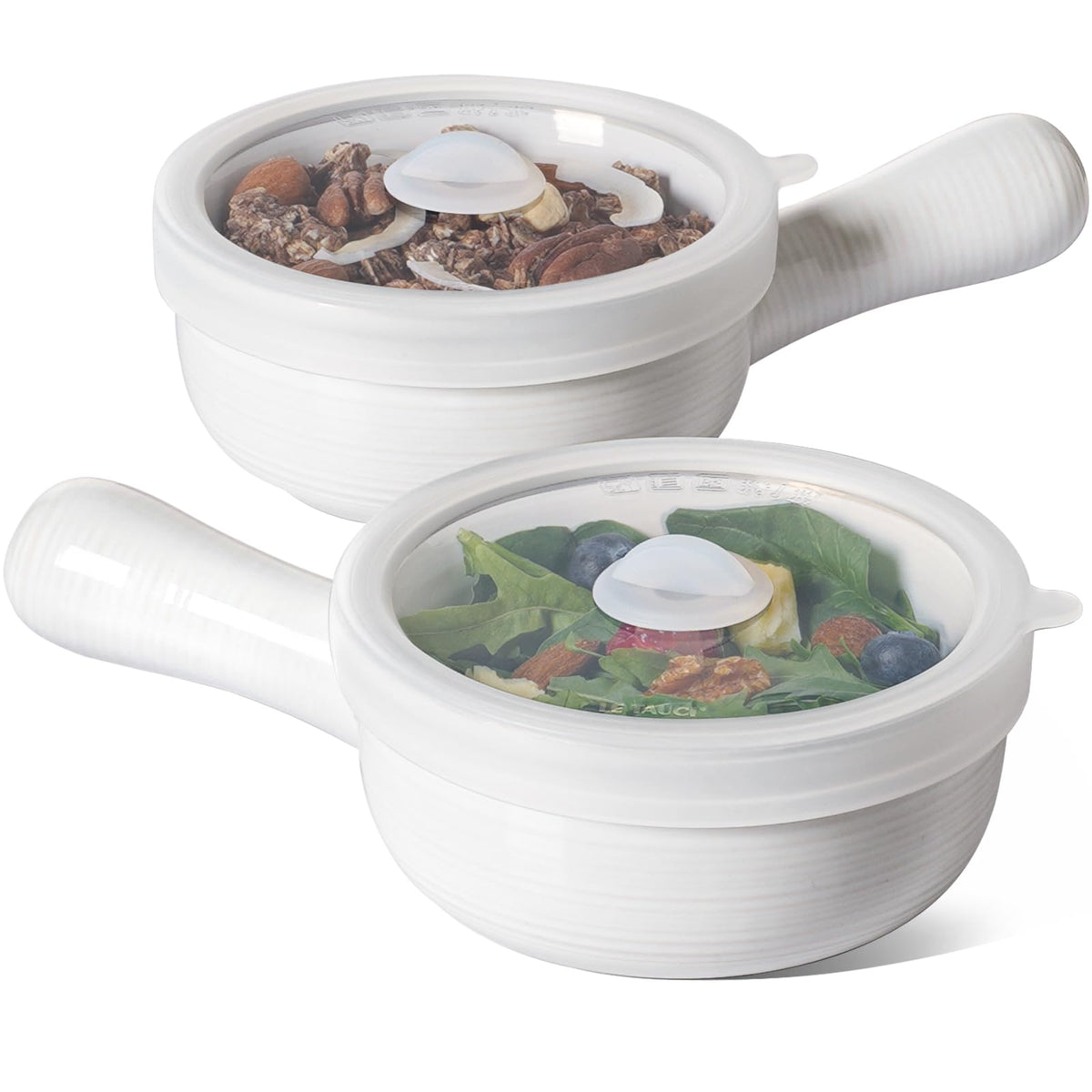 LE TAUCI soup bowl with handles and vented lid for even reheating.