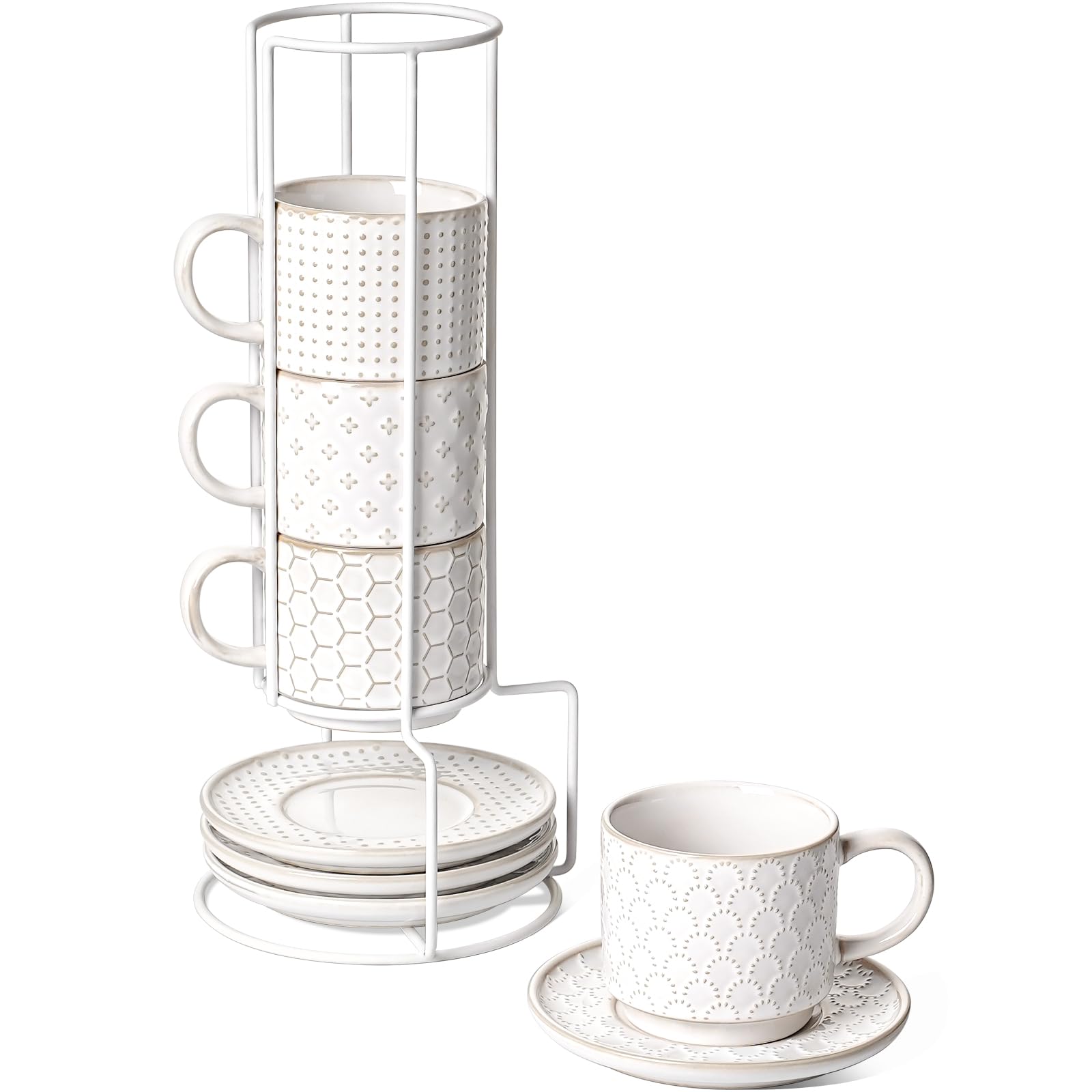 LE TAUCI stackable cappuccino cups on a stand for compact storage and easy access