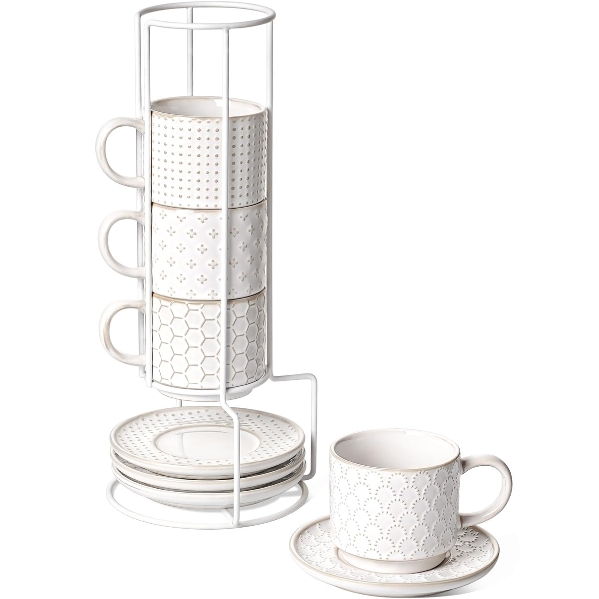 LE TAUCI stackable cappuccino cups on a stand for compact storage and easy access