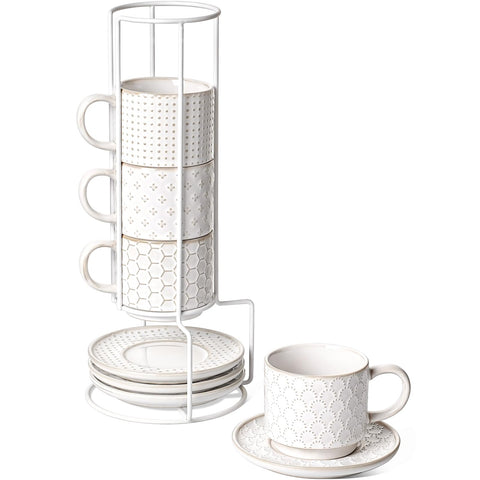 LE TAUCI stackable cappuccino cups on a stand for compact storage and easy access
