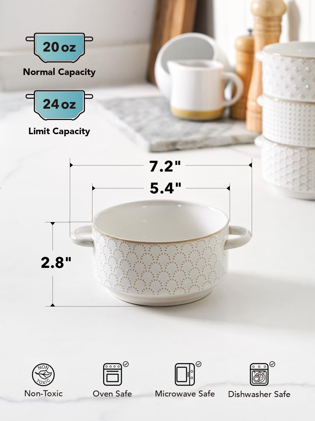 Le Tauci stackable ceramic bowls maximize cabinet space.