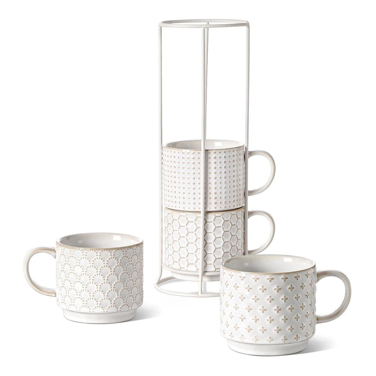 LE TAUCI stackable mugs on a metal stand for space-saving storage