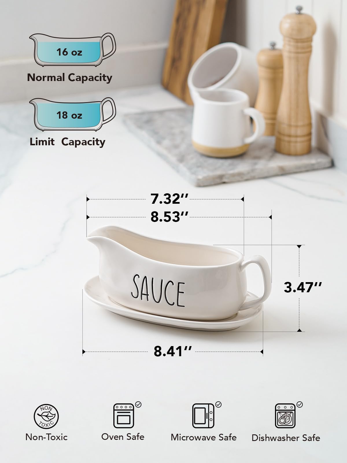LE TAUCI stoneware ceramic heat-safe gravy boat enhances table service.