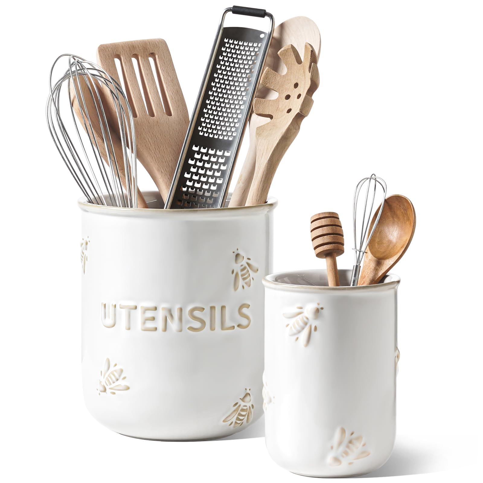LE TAUCI Utensil Holder Arctic White with bee embossing keeps spatulas neatly organized.