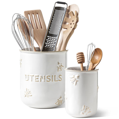 LE TAUCI Utensil Holder Arctic White with bee embossing keeps spatulas neatly organized.