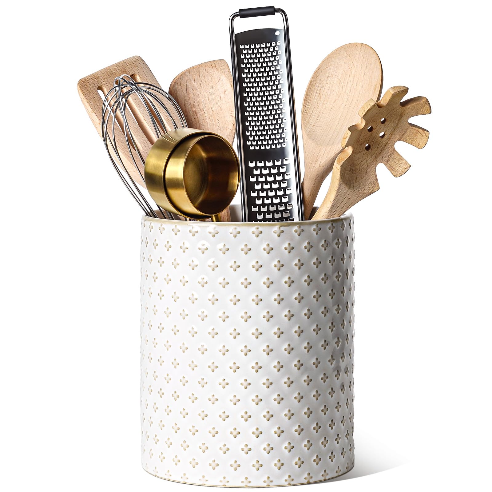 LE TAUCI Utensil Holder with Arctic White clover keeps utensils within reach
