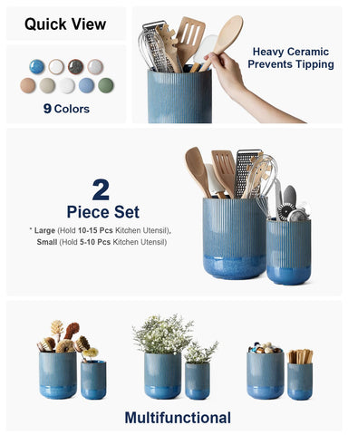 LE TAUCI utensil holder close-up shows ribbed flutes and glaze marble blue texture.