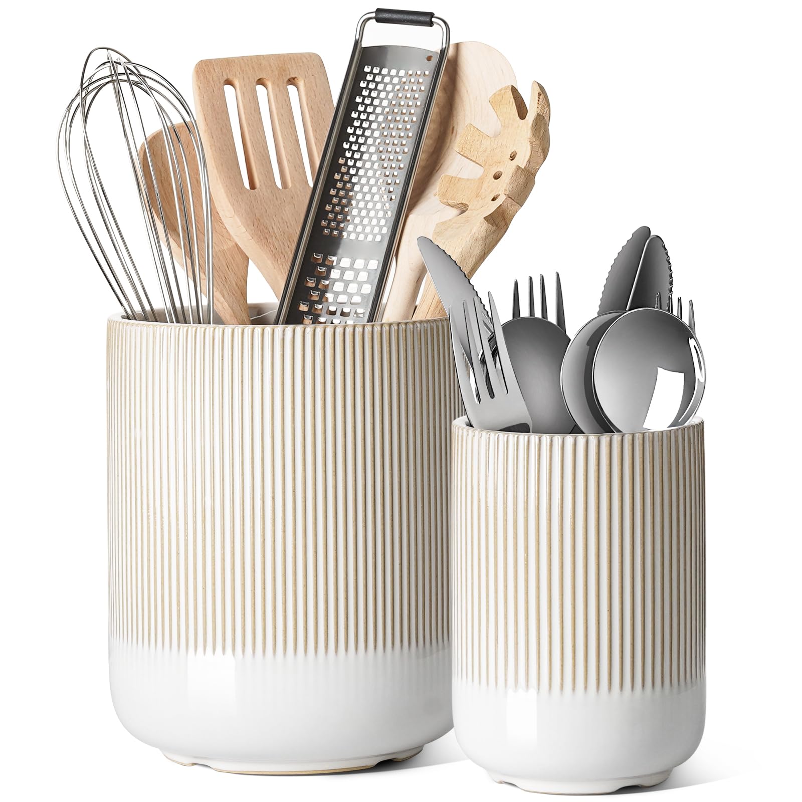 LE TAUCI large arctic white ceramic utensil holder on a clean counter for organized cooking