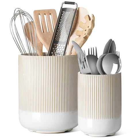 LE TAUCI large arctic white ceramic utensil holder on a clean counter for organized cooking