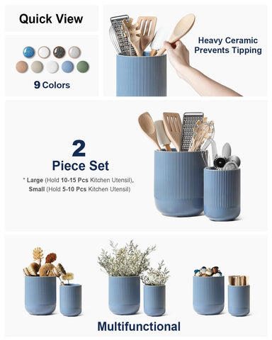 LE TAUCI large dusty blue utensil holder organizes long-handled tools on the counter