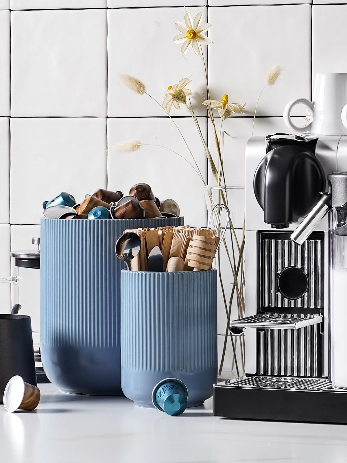 LE TAUCI ribbed dusty blue holder adds modern texture while sorting utensils
