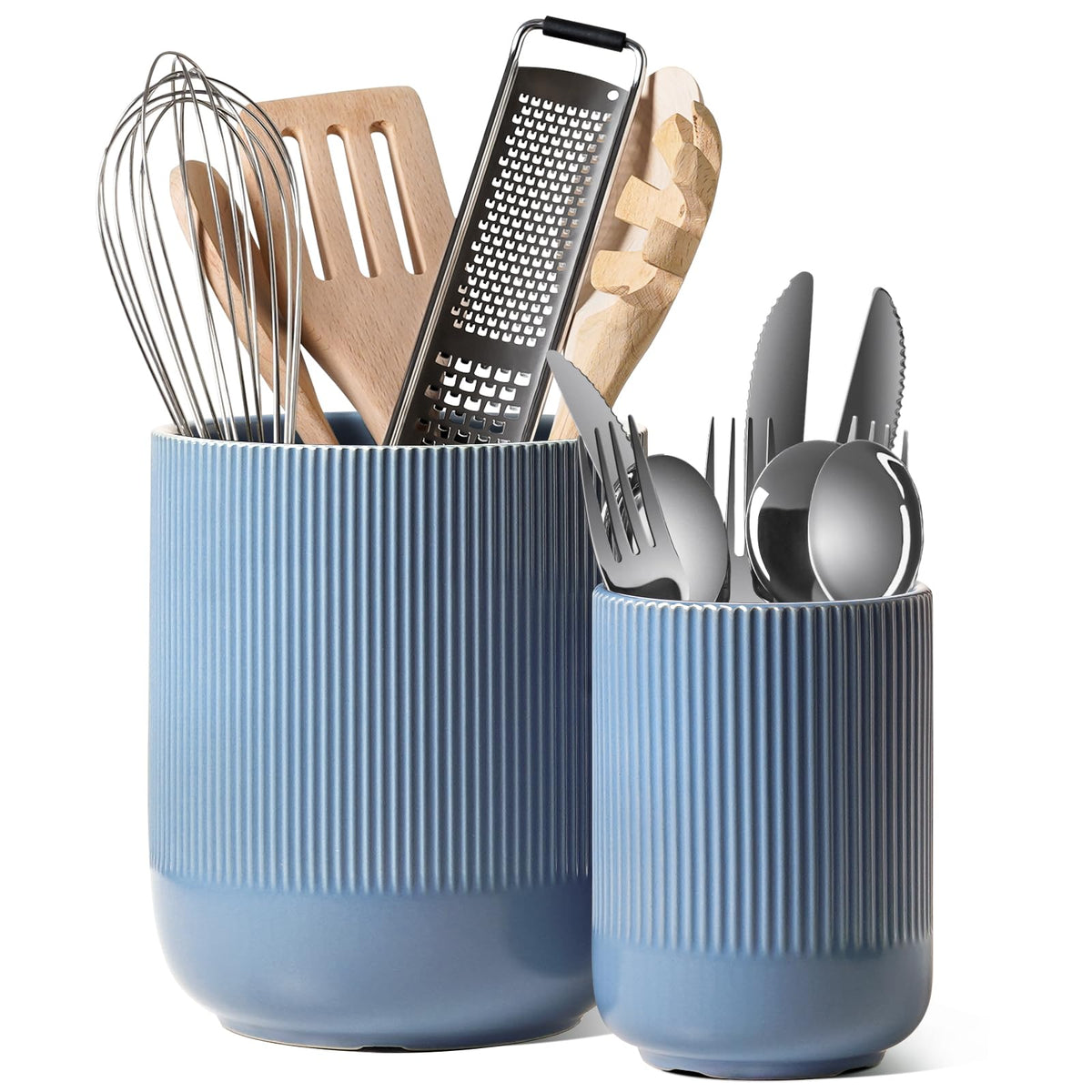 LE TAUCI utensil holder set in dusty blue keeps spatulas neatly accessible